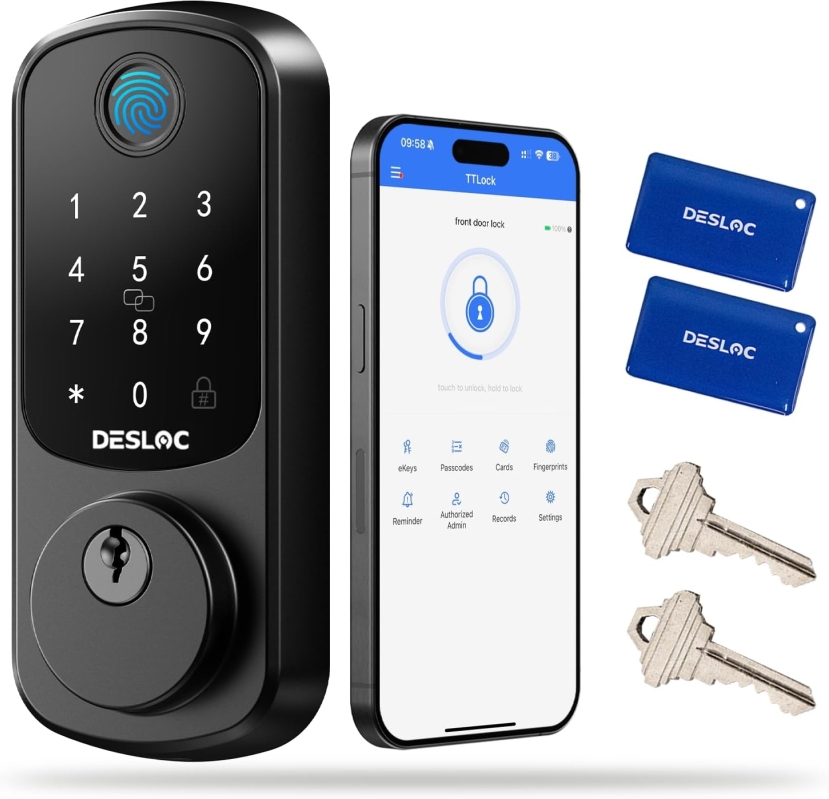 DESLOC B200 Fingerprint Smart Door Lock – 8-in-1 Keyless Entry Deadbolt with Touchscreen Keypad, TTLock App Control, Auto Lock & User Management, BHMA Certified