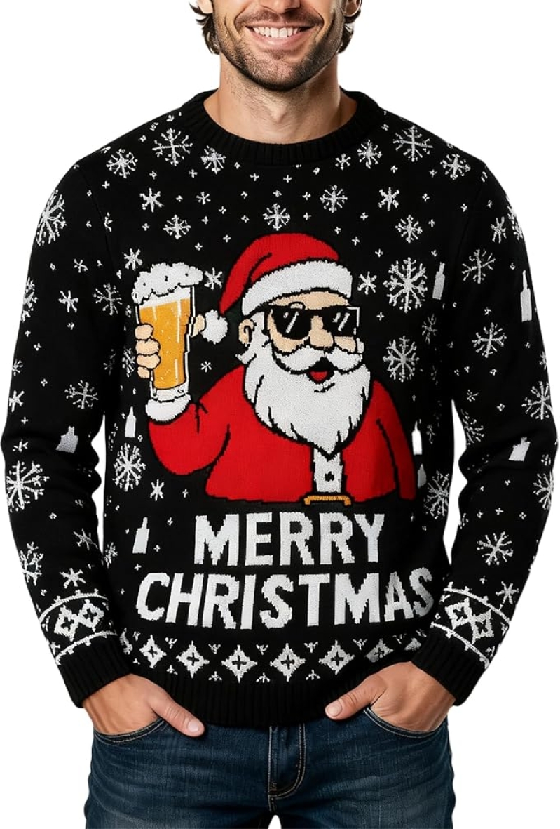 Ugly Christmas Sweater for Men – Funny Santa Beer & Snowflake Knit Pullover, Soft Acrylic Crewneck Holiday Sweater for Christmas Parties & Gift Exchanges