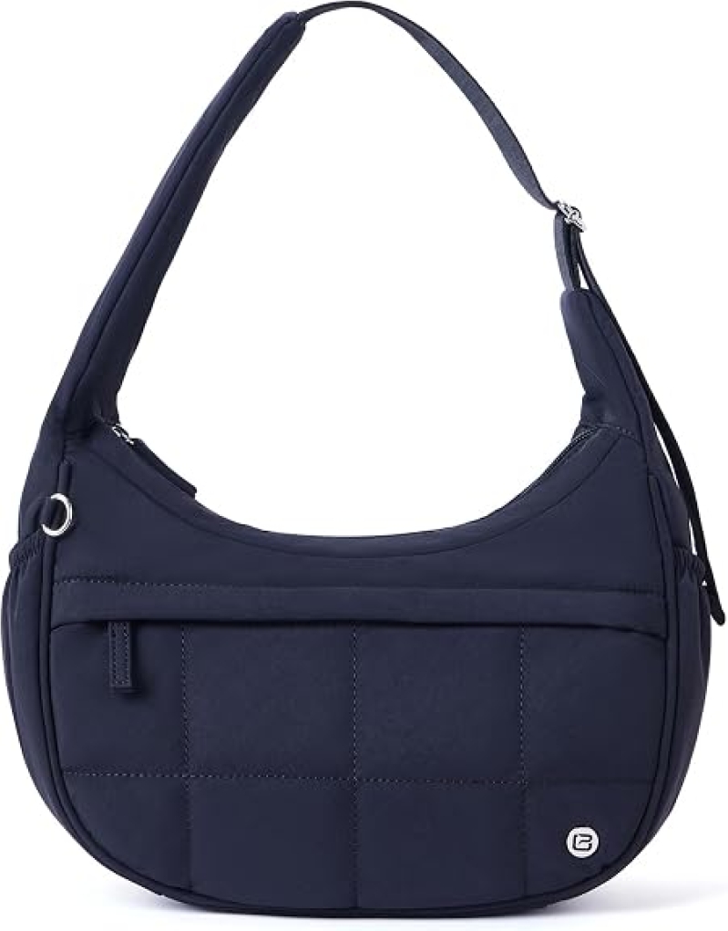 POIUGOYA Nylon Quilted Crescent Shoulder Bag for Women – Lightweight Puffer Purse with Triple Zip Pockets, Adjustable Strap, Fits iPad Mini, for Everyday Use & Travel