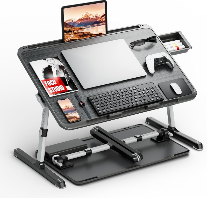 Adjustable Laptop Lap Desk, XL Foldable Bed Table Tray with Storage Drawer – Height & Tilt Adjustable (0°-36°), Fits 17