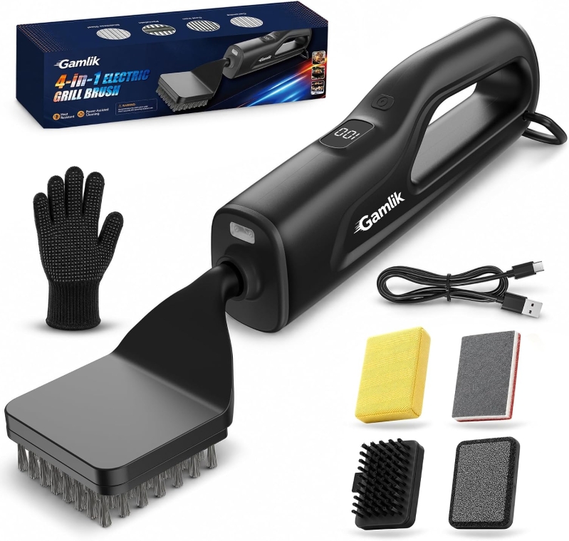 Gamlik Electric Grill Brush with LED Light – Cordless Reciprocating Grill Cleaner, Brushless Motor, 3-5H Runtime, Hot Grill Cleaning up to 600°F, 4-Head Kit