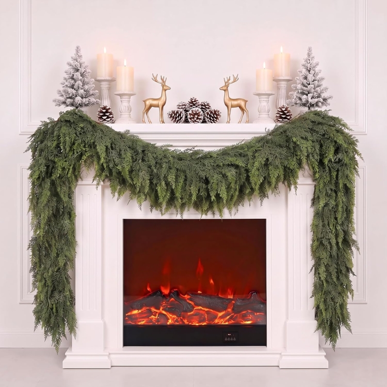 9FT Artificial Cedar Garland for Christmas – Real Touch Faux Greenery Garland with 180 Dense Branches, Flexible Wire Frame for Mantel, Fireplace, Stairs & Door, Indoor Outdoor