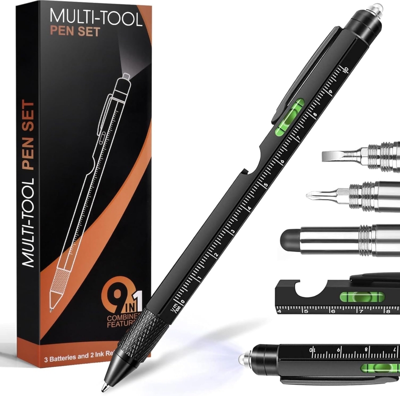 9-in-1 Multitool Pen Stocking Stuffer for Men – Aluminum Pocket Gadget with LED Light, Screwdrivers, Stylus, Level, Ruler & Bottle Opener, Gift for Dad, Husband & Him