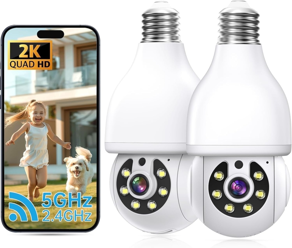 2K Light Bulb Security Camera, 2 Pack – 5G & 2.4G Dual-Band WiFi, 360° Pan Tilt Wireless Indoor Outdoor Bulb Camera with Color Night Vision, Motion Detection, Siren & Two-Way Talk