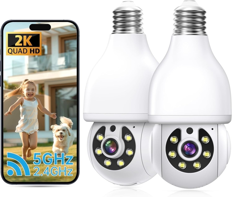 2K Light Bulb Security Camera, 2 Pack – 5G & 2.4G Dual-Band WiFi, 360° Pan Tilt Wireless Indoor Outdoor Bulb Camera with Color Night Vision, Motion Detection, Siren & Two-Way Talk
