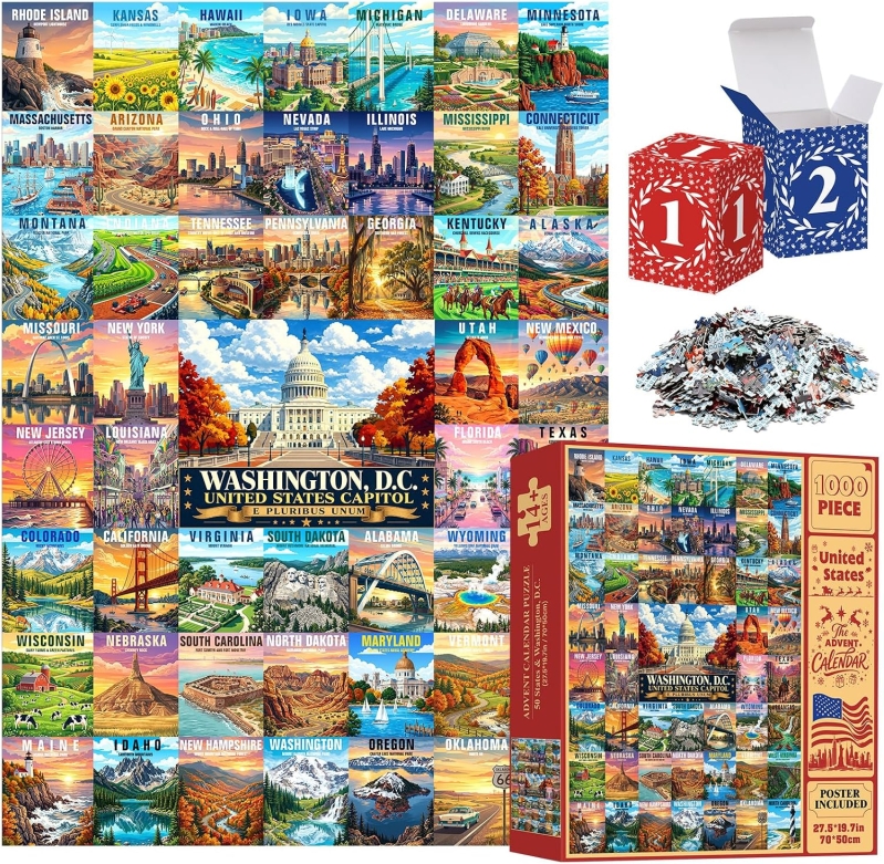 50 States & Washington, D.C. Puzzle Advent Calendar 2026 for Adults – 1000-Piece United States Jigsaw Puzzle, 24 Numbered Boxes, Christmas Countdown Gift for Family & Friends