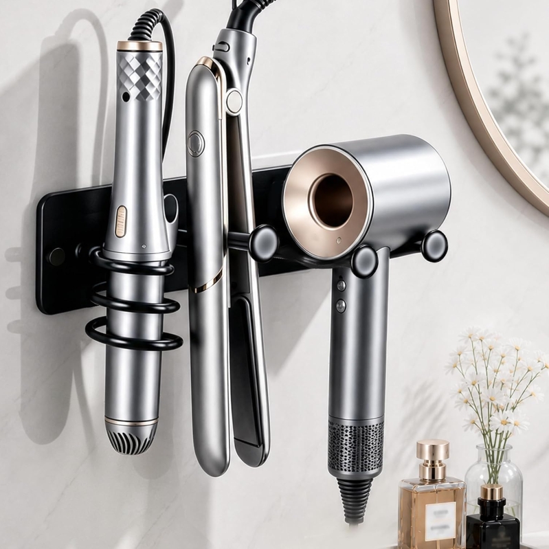 YIGII Hair Dryer Holder Wall Mount – 3-in-1 Hot Tool Organizer for Hair Dryer, Curling Iron & Flat Iron, Heavy-Duty Metal Rack with Cord Wrap, Screw-In Install, Bathroom