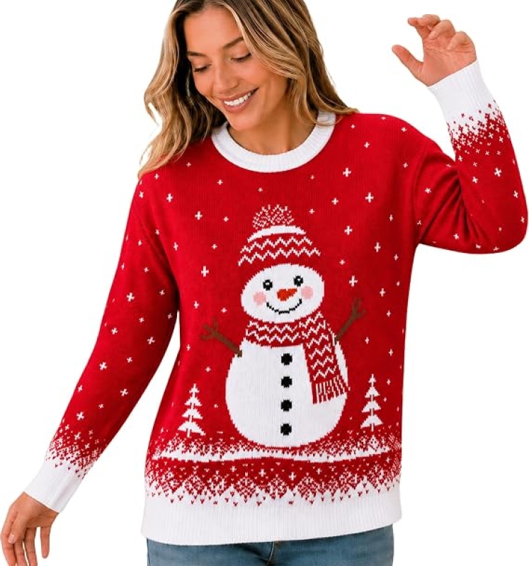 HEGLO Ugly Christmas Sweater for Women – Funny Snowman Costume Knit Pullover, Soft 100% Acrylic Crewneck with Snowflake & Tree Details for Xmas Parties & Winter Outfits