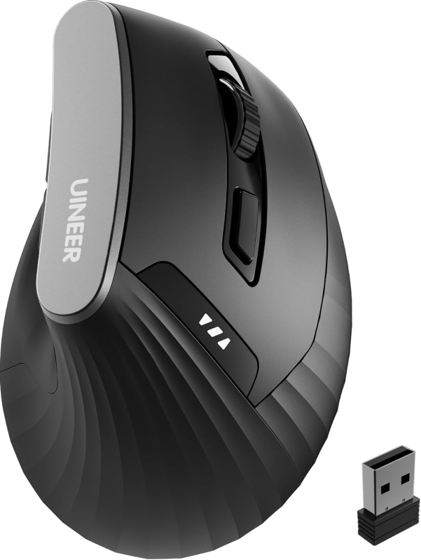 Uineer Ergonomic Vertical Mouse – 2.4G Wireless, Rechargeable, 4 Adjustable DPI (800-2400), Right-Handed with Side Scroll Wheel & Battery Indicator, USB-A Receiver