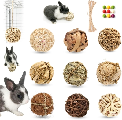 9 Pack Bunny Chew Grass Balls with Rope – Natural Handwoven Rolling Chew Toys for Rabbits, Guinea Pigs, Chinchillas, Hamsters, Gerbils & Rats, Teeth-Grinding Enrichment
