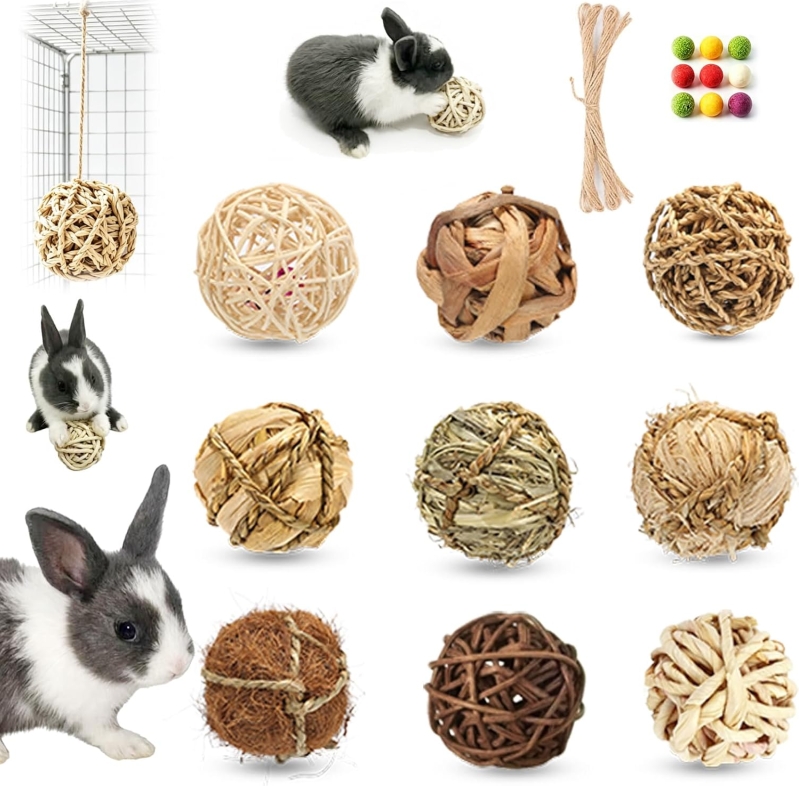 9 Pack Bunny Chew Grass Balls with Rope – Natural Handwoven Rolling Chew Toys for Rabbits, Guinea Pigs, Chinchillas, Hamsters, Gerbils & Rats, Teeth-Grinding Enrichment