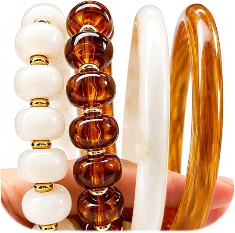 FAXHION Stackable Stretch Beaded Bracelet Set for Women – 4PCS Brown Acrylic Resin Beaded & Thin Bangle Bracelets, Minimalist Vintage Stacking Jewelry for Daily Wear