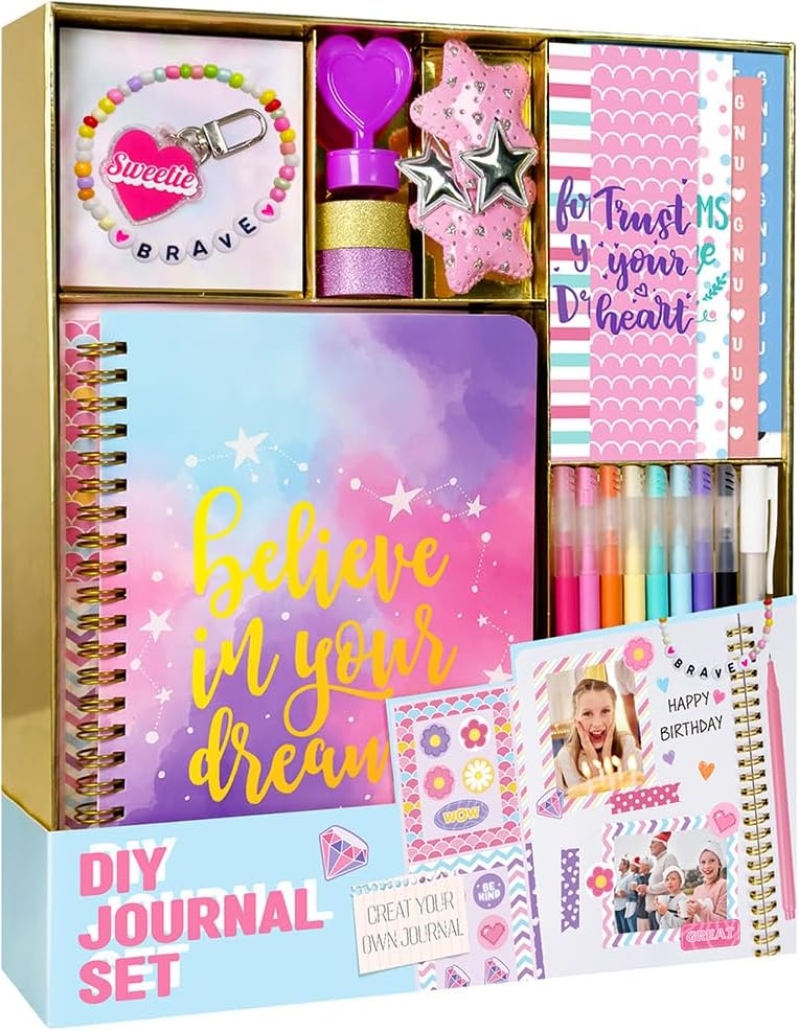 Nollh DIY Journal Kit for Girls – Scrapbook & Diary Supplies Set, 200+ PCS with 60-Page Spiral Journal, Stickers, Pens & Glitter Tape, Gift for Girls Ages 8-12 Birthday & Christmas