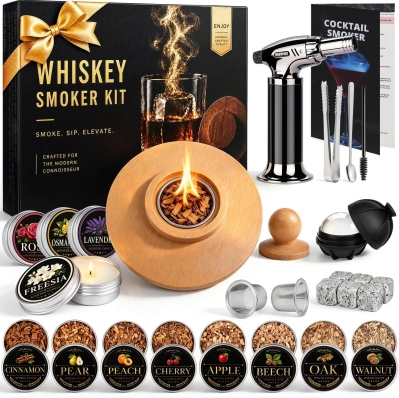 Whiskey Smoker Kit with Torch – Cocktail Smoker for Old Fashioned, Bourbon & Whiskey with 8 Wood Chip Flavors, 6 Whiskey Stones, Ice Ball Mold & 4 Scented Candles, Gift for Men