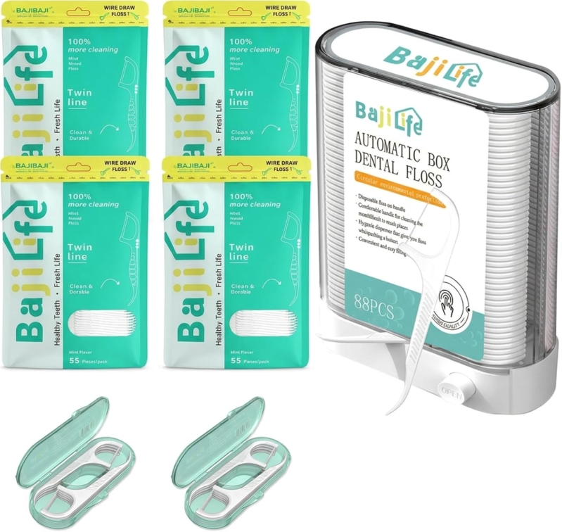 Bajilife Dental Floss Pick Dispenser with 4-Pack Twin Line Floss Picks – 348 Count Total, 88-Count Refillable Pop-Up Flosser Dispenser & 4 Portable Travel Holders for Adults