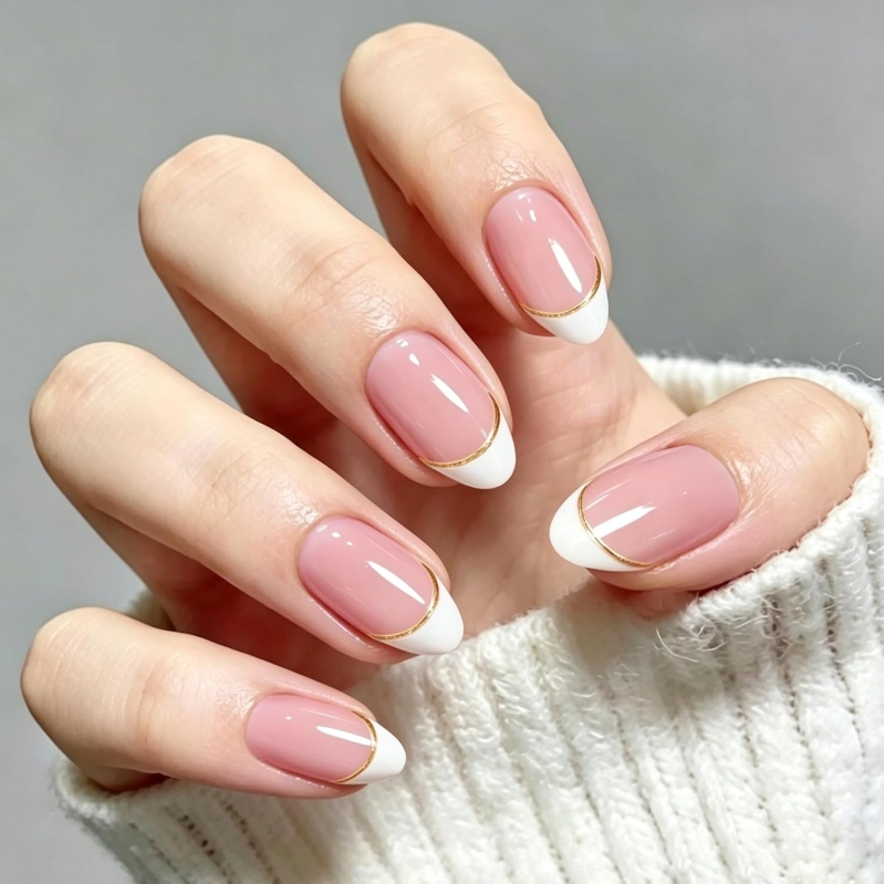 French Tip Press On Nails, Short Almond – 32 Pcs, 16 Sizes, Nude Pink with White Tips & Gold Line Accents, Glossy Reusable Fake Nails Kit with Glue & Adhesive Tabs