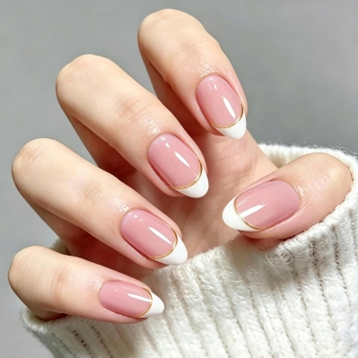 French Tip Press On Nails, Short Almond – 32 Pcs, 16 Sizes, Nude Pink with White Tips & Gold Line Accents, Glossy Reusable Fake Nails Kit with Glue & Adhesive Tabs
