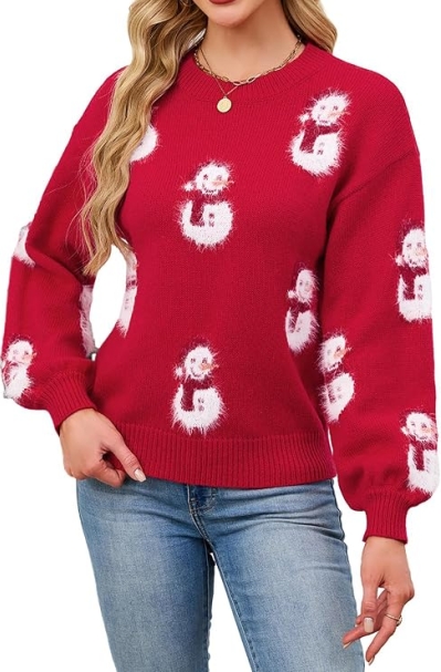SunnyMelody Women’s Cute Christmas Sweater 2026 – Santa Hat & Snowman Knit Pullover, Soft Crew Neck Ugly Xmas Sweater for Holiday Parties & Family Gatherings