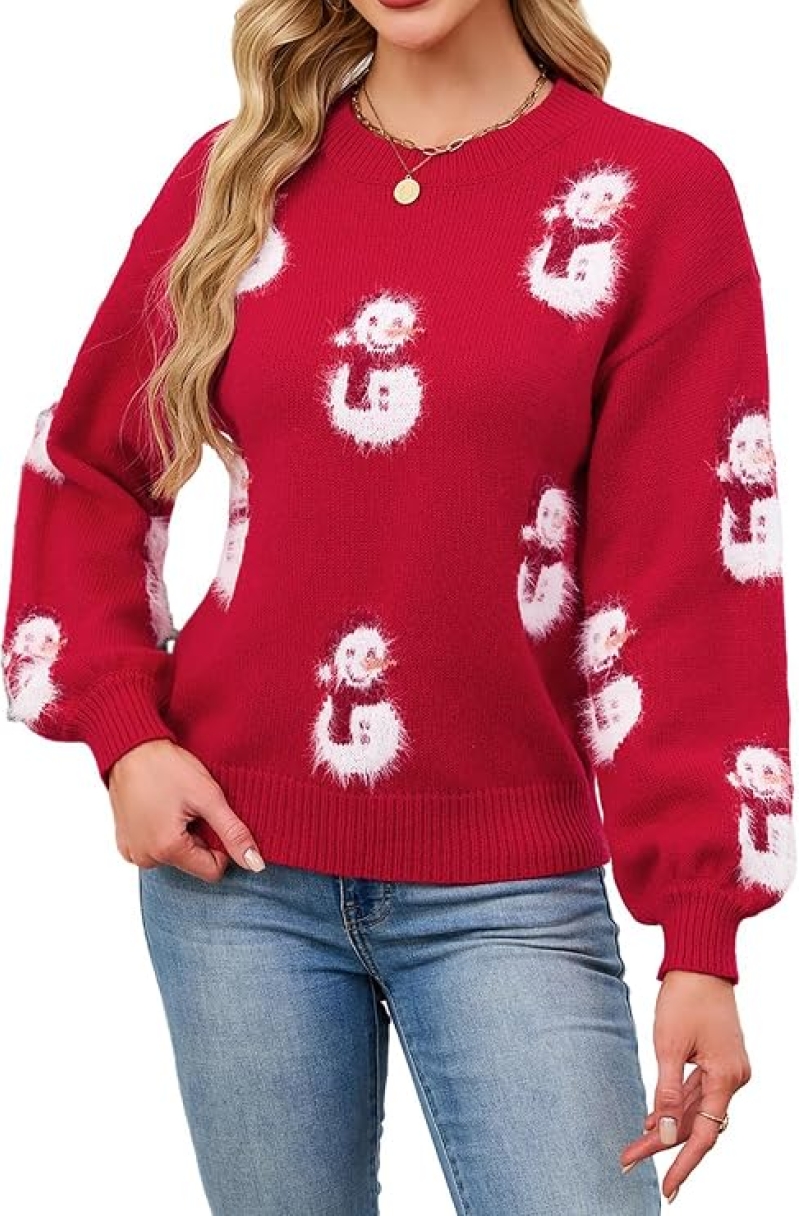 SunnyMelody Women’s Cute Christmas Sweater 2026 – Santa Hat & Snowman Knit Pullover, Soft Crew Neck Ugly Xmas Sweater for Holiday Parties & Family Gatherings