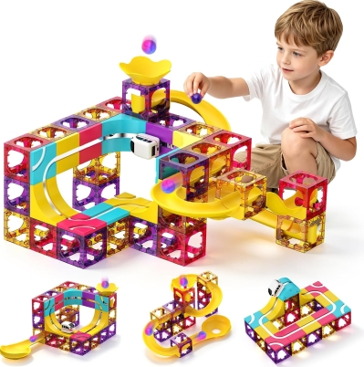 3-in-1 Magnetic Building Block Set, 92 PCS – Magnetic Tiles, Marble Ball Run & 3D Electric Train Track, STEM Educational Toy for Kids Ages 3-12, Birthday & Christmas Gift