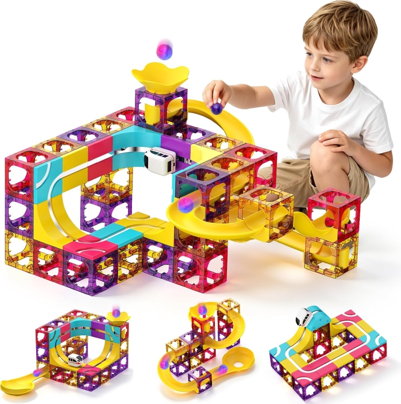 3-in-1 Magnetic Building Block Set, 92 PCS – Magnetic Tiles, Marble Ball Run & 3D Electric Train Track, STEM Educational Toy for Kids Ages 3-12, Birthday & Christmas Gift