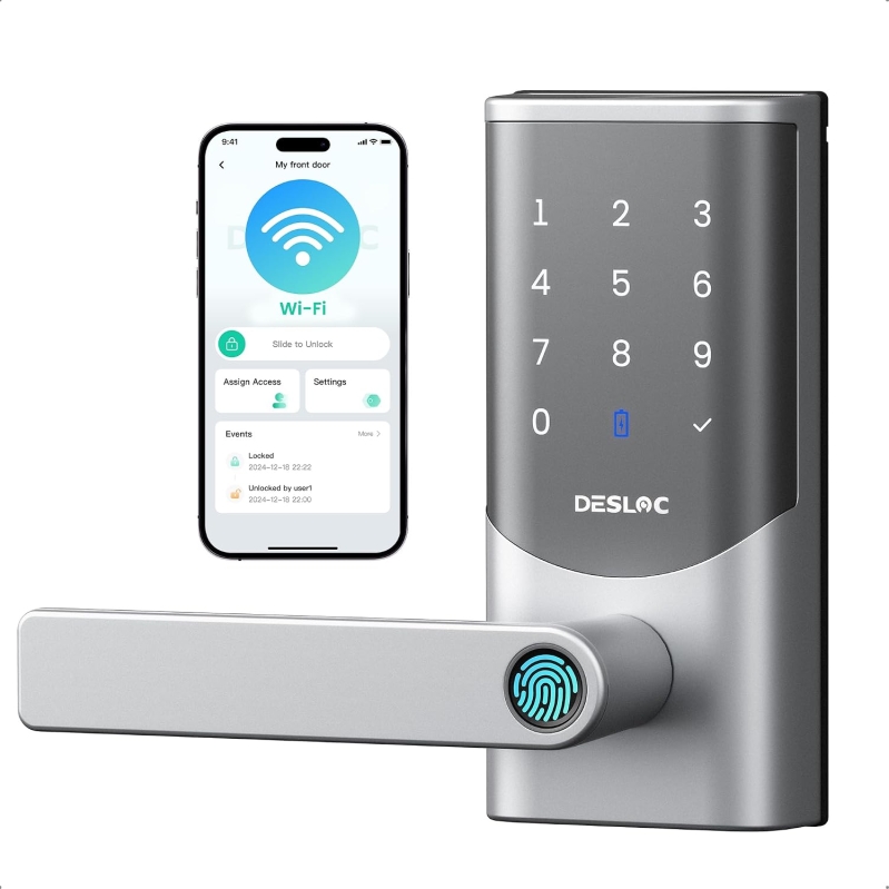 DESLOC K221 Fingerprint Smart Door Lock with Handle – Built-In WiFi, Keypad & App Control, 15000mAh Rechargeable Battery (Up to 16 Months), Auto Lock for Front Door, Garage Entry & Bedroom
