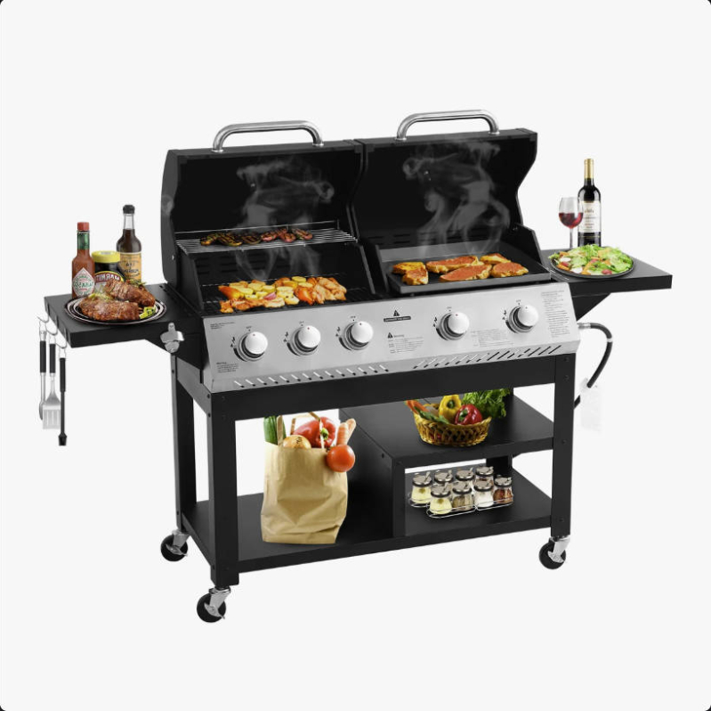 5-Burner Propane Gas Grill – 54,000 BTU Outdoor BBQ Grill with Porcelain-Enameled Cast Iron Grates, 2 Side Tables & Stainless Steel Hooks for Patio, Garden & Backyard Barbecue