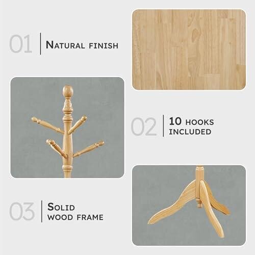 Solid Wood Coat Rack - 10 Hooks - Natural Finish - CP Deals